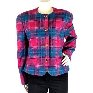 Vintage 80s Pendleton Woolen Mills Pink Plaid Wool Blazer Women's Sz M